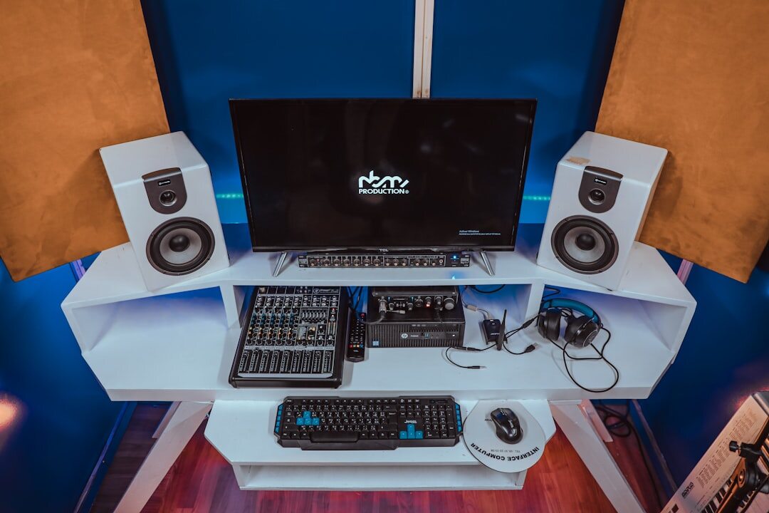 Live streaming production desk with encoders and monitors